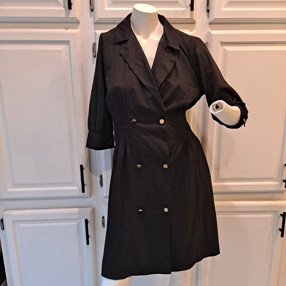 All About You Elegant Black Mini Dress W/Double Breasted Collar & Gold Button